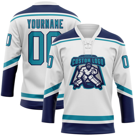 Custom White Teal-Navy Hockey Lace Neck Jersey - Sky-Custom
