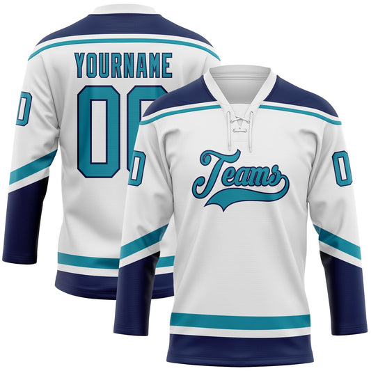 Custom White Teal-Navy Hockey Lace Neck Jersey - Sky-Custom