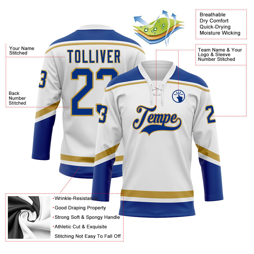 Custom White Royal-Old Gold Hockey Lace Neck Jersey - Sky-Custom