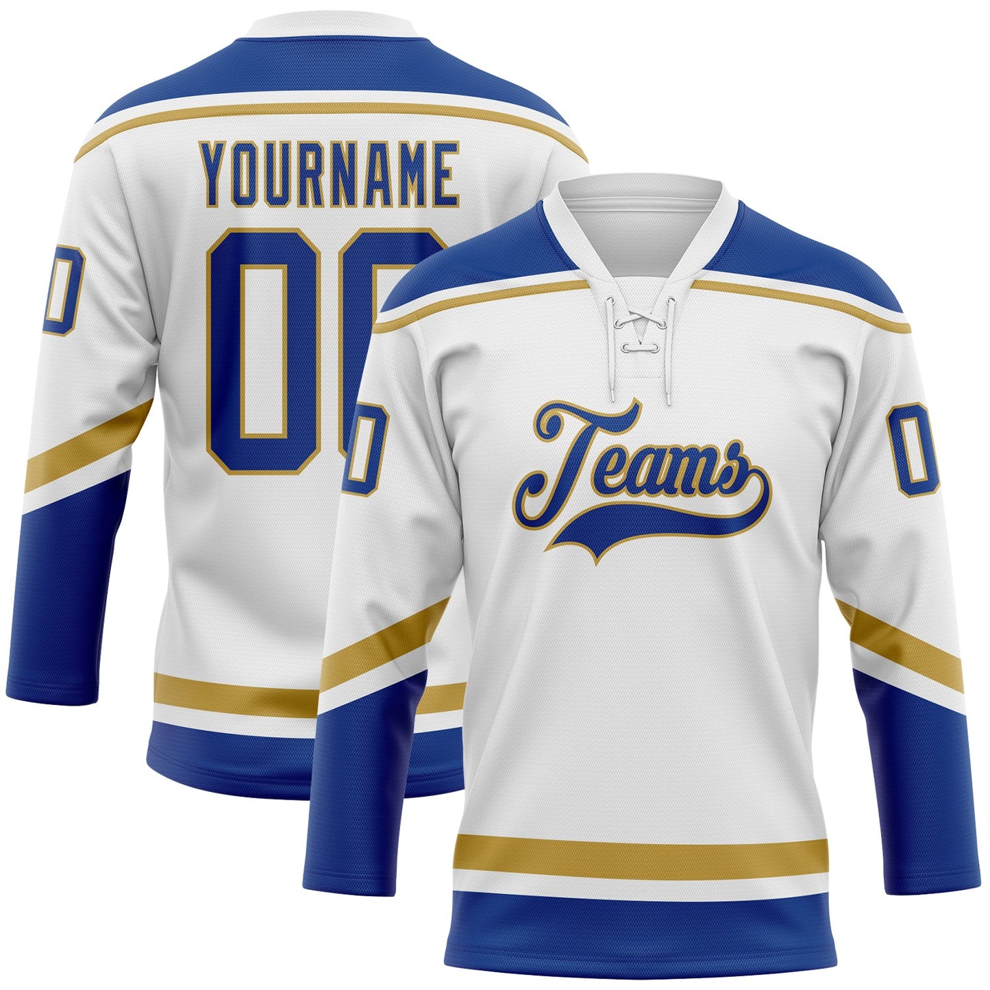 Custom White Royal-Old Gold Hockey Lace Neck Jersey - Sky-Custom