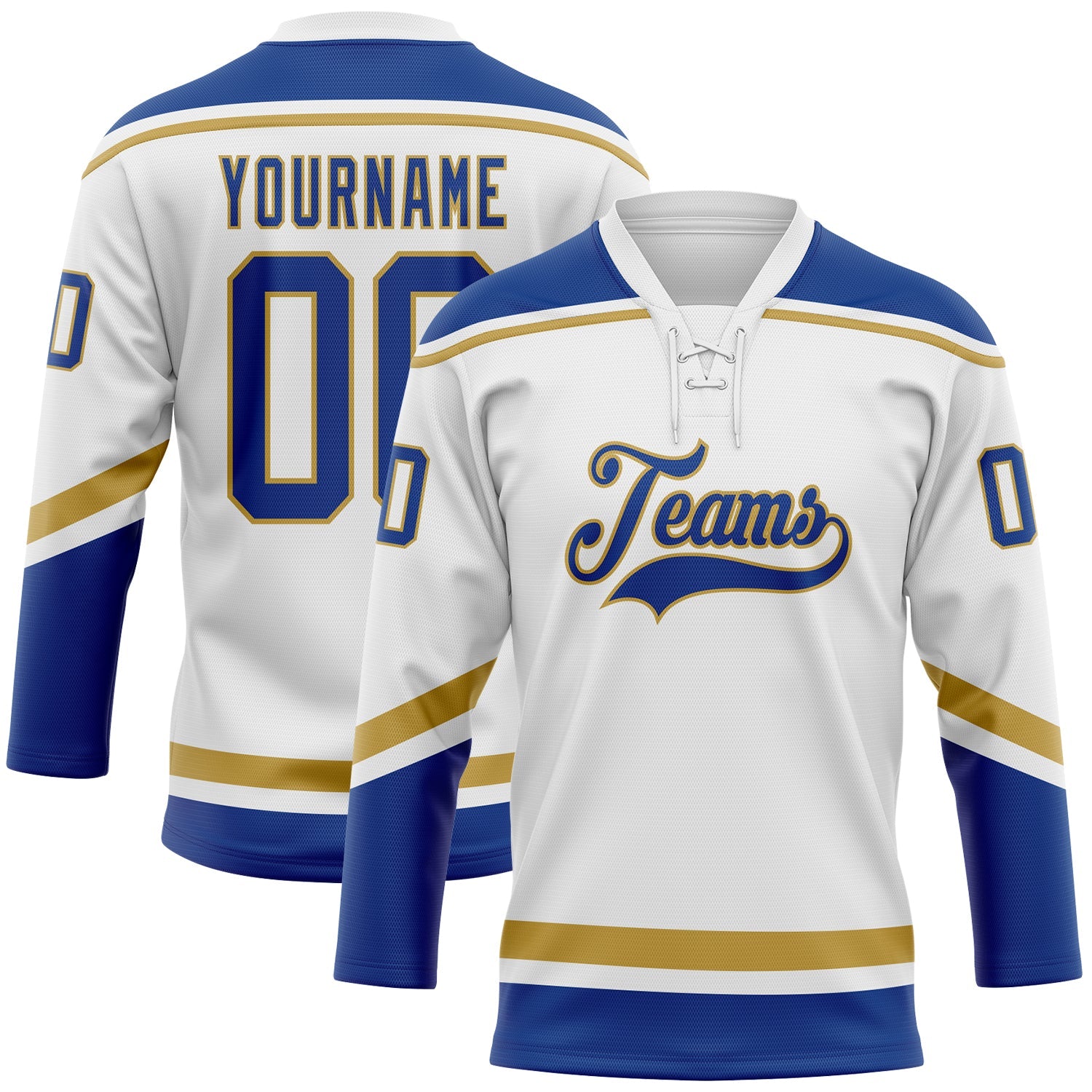 Custom White Royal-Old Gold Hockey Lace Neck Jersey - Sky-Custom