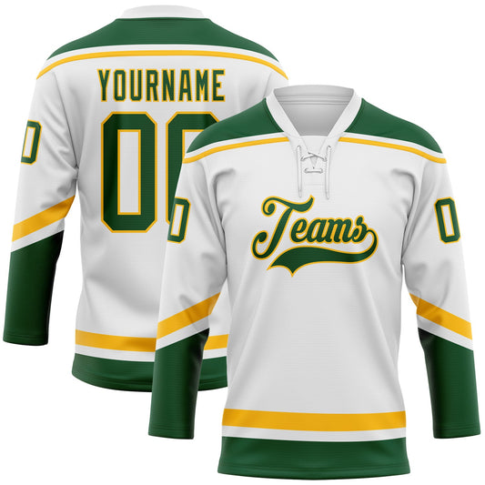 Custom White Green-Gold Hockey Lace Neck Jersey - Sky-Custom
