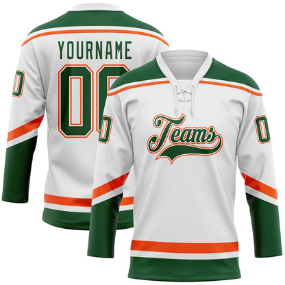 Custom White Green-Orange Hockey Lace Neck Jersey - Sky-Custom