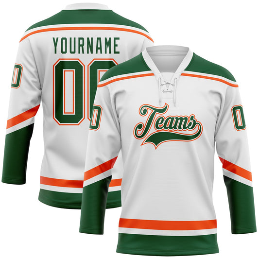 Custom White Green-Orange Hockey Lace Neck Jersey - Sky-Custom