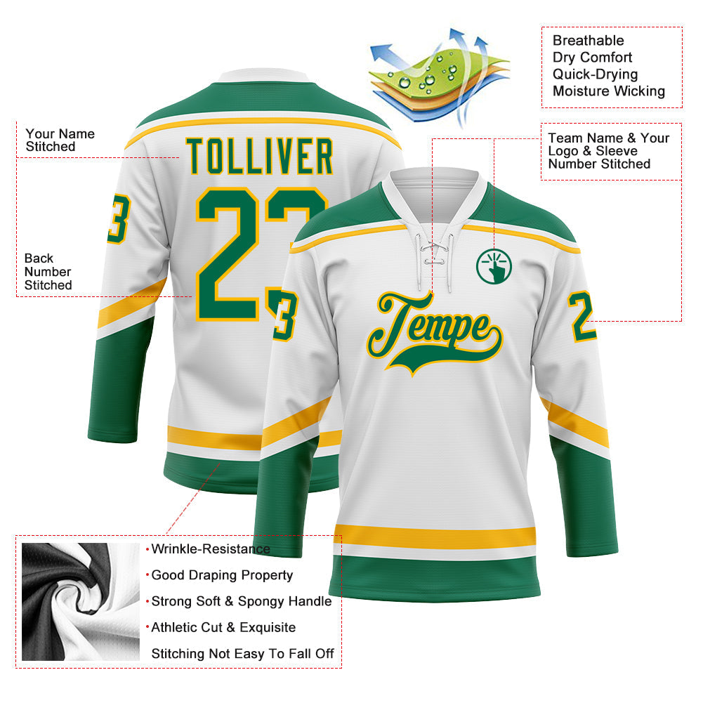 Custom White Kelly Green-Gold Hockey Lace Neck Jersey - Sky-Custom