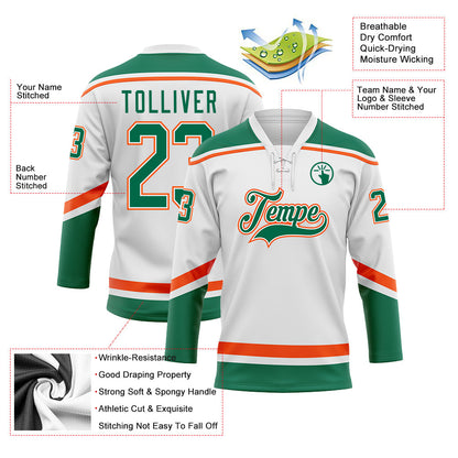 Custom White Kelly Green-Orange Hockey Lace Neck Jersey - Sky-Custom