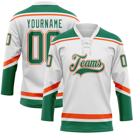 Custom White Kelly Green-Orange Hockey Lace Neck Jersey - Sky-Custom