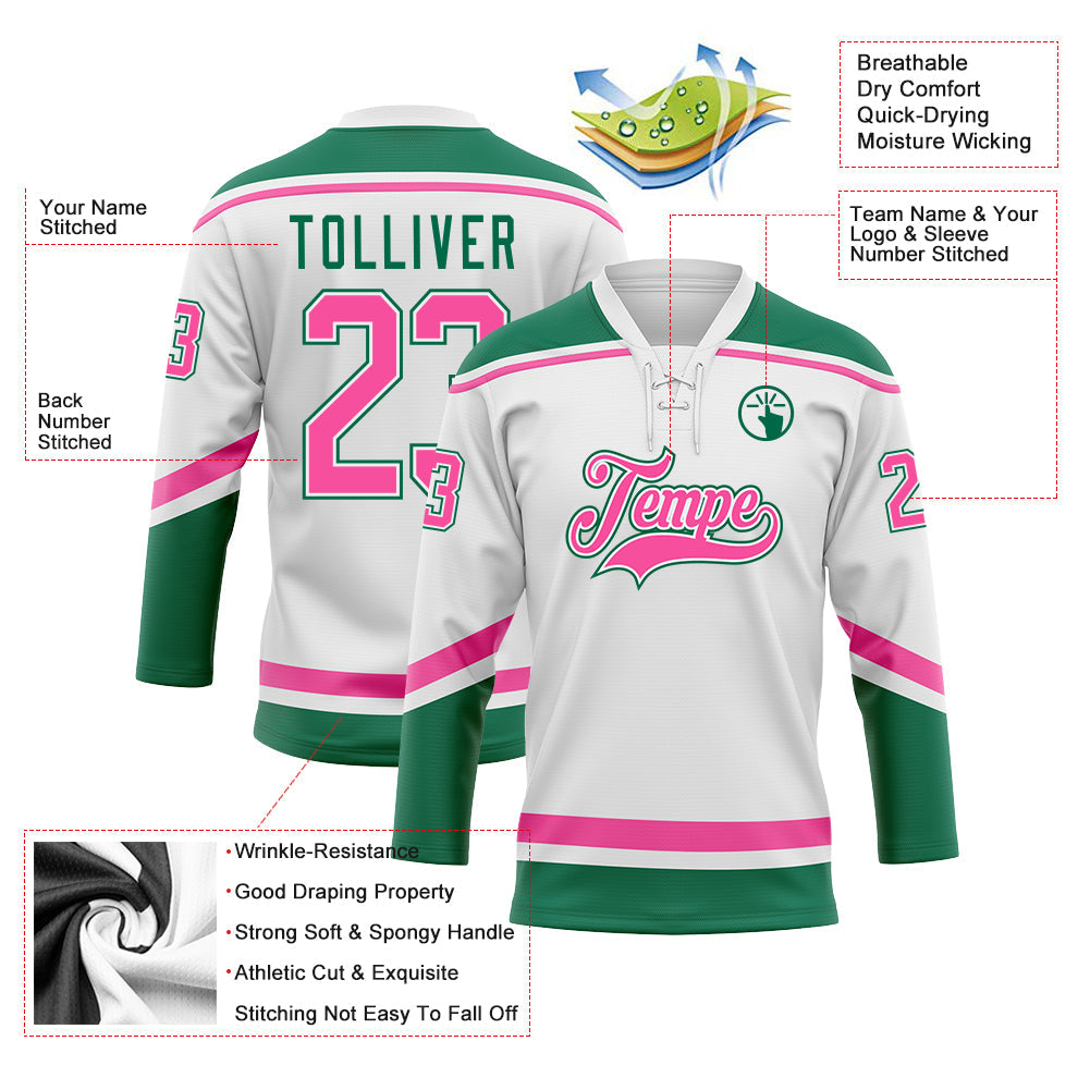 Custom White Pink-Kelly Green Hockey Lace Neck Jersey - Sky-Custom