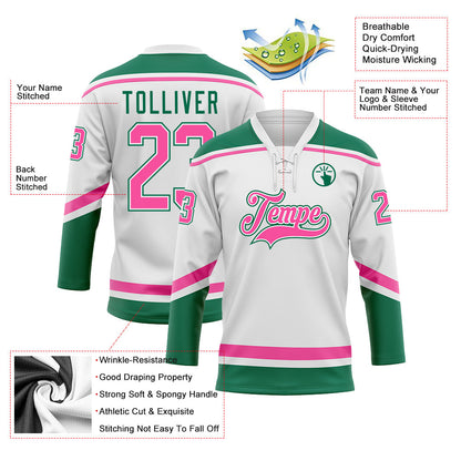 Custom White Pink-Kelly Green Hockey Lace Neck Jersey - Sky-Custom