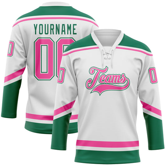 Custom White Pink-Kelly Green Hockey Lace Neck Jersey - Sky-Custom