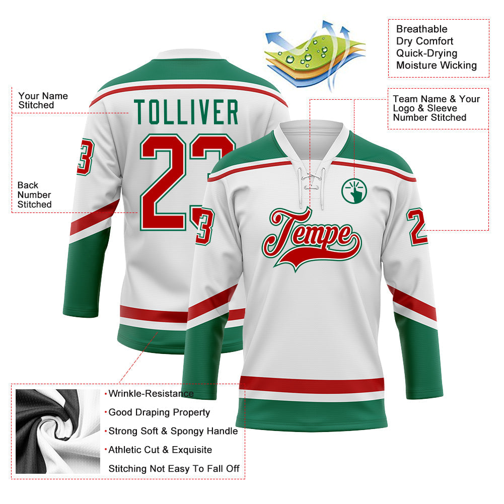 Custom White Red-Kelly Green Hockey Lace Neck Jersey - Sky-Custom