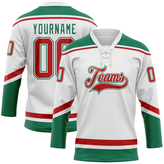 Custom White Red-Kelly Green Hockey Lace Neck Jersey - Sky-Custom
