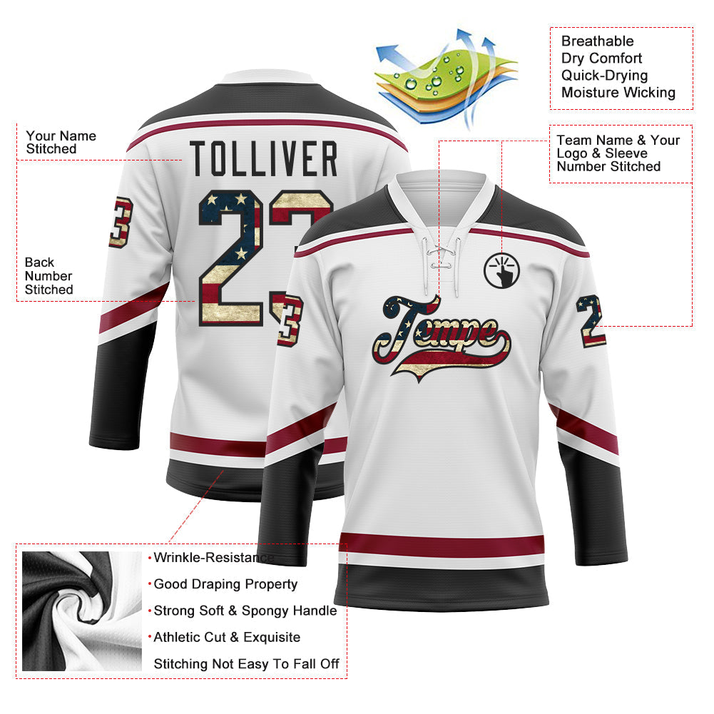 Custom White Vintage USA Flag Black-Maroon Hockey Lace Neck Jersey - Sky-Custom