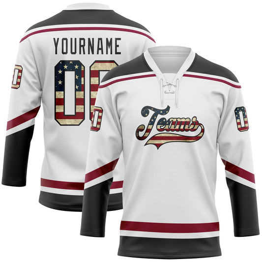 Custom White Vintage USA Flag Black-Maroon Hockey Lace Neck Jersey - Sky-Custom