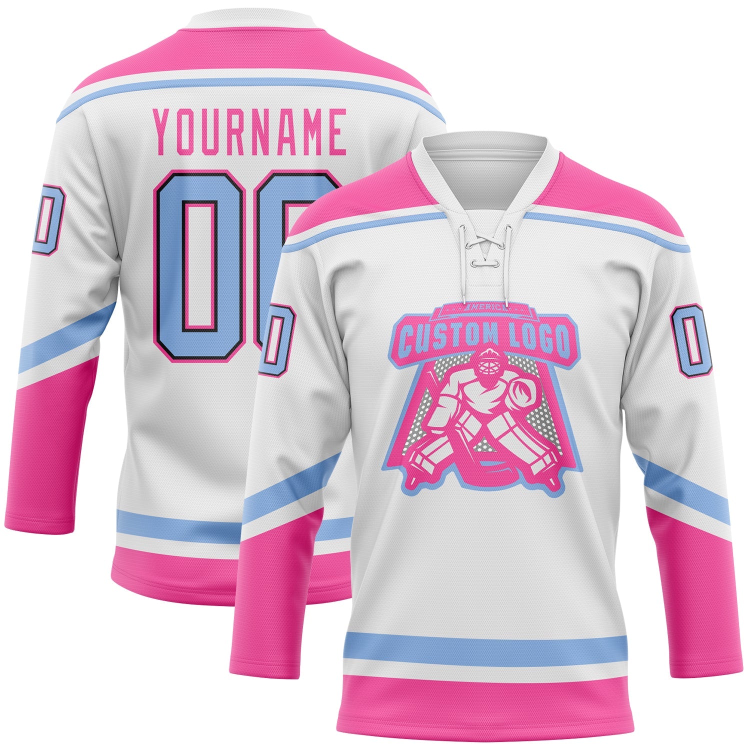 Custom White Light Blue Black-Pink Hockey Lace Neck Jersey - Sky-Custom