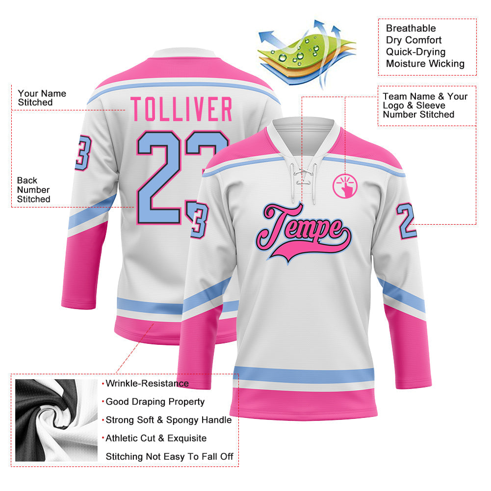 Custom White Light Blue Black-Pink Hockey Lace Neck Jersey - Sky-Custom