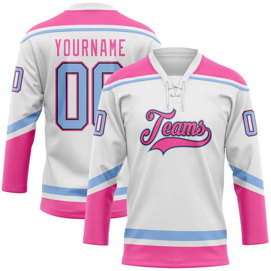 Custom White Light Blue Black-Pink Hockey Lace Neck Jersey - Sky-Custom