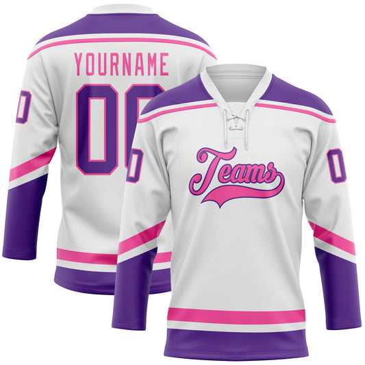 Custom White Purple-Pink Hockey Lace Neck Jersey - Sky-Custom