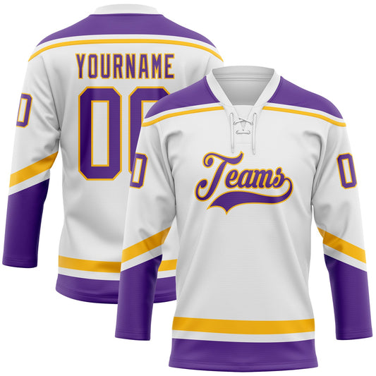 Custom White Purple-Gold Hockey Lace Neck Jersey - Sky-Custom