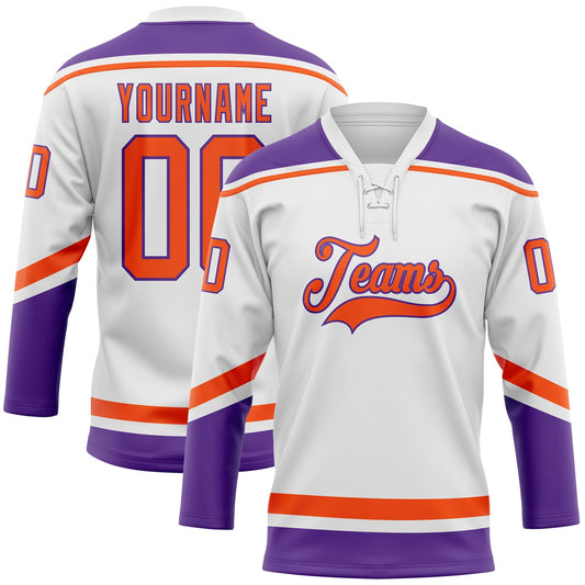 Custom White Orange-Purple Hockey Lace Neck Jersey - Sky-Custom