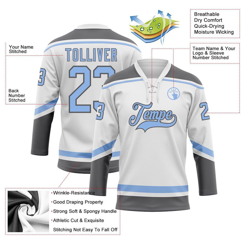 Custom White Light Blue-Steel Gray Hockey Lace Neck Jersey - Sky-Custom