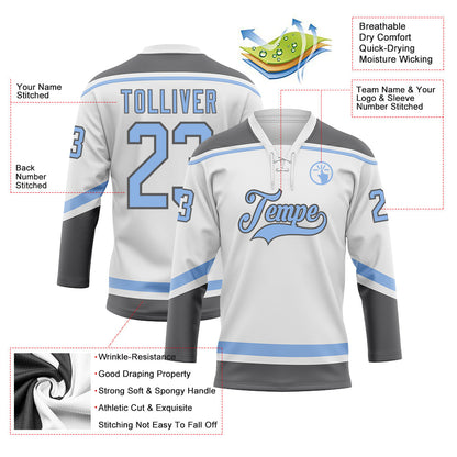 Custom White Light Blue-Steel Gray Hockey Lace Neck Jersey - Sky-Custom