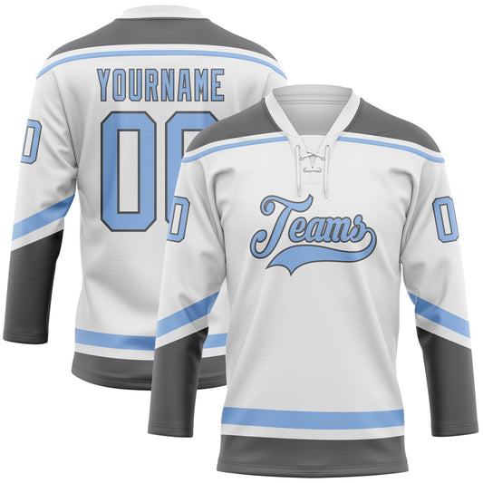Custom White Light Blue-Steel Gray Hockey Lace Neck Jersey - Sky-Custom