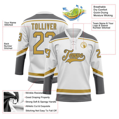 Custom White Old Gold-Steel Gray Hockey Lace Neck Jersey - Sky-Custom