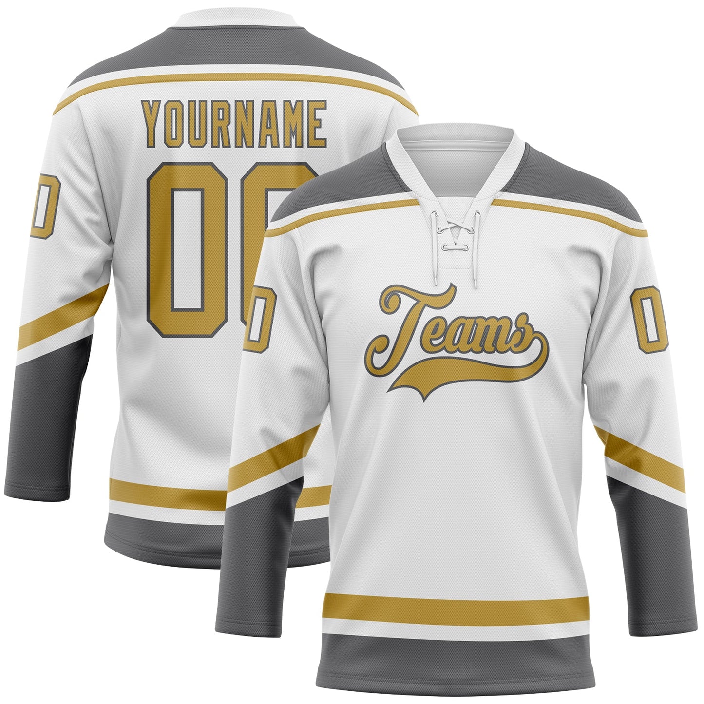 Custom White Old Gold-Steel Gray Hockey Lace Neck Jersey - Sky-Custom