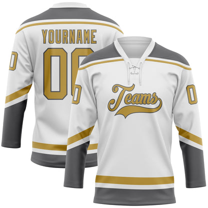 Custom White Old Gold-Steel Gray Hockey Lace Neck Jersey - Sky-Custom