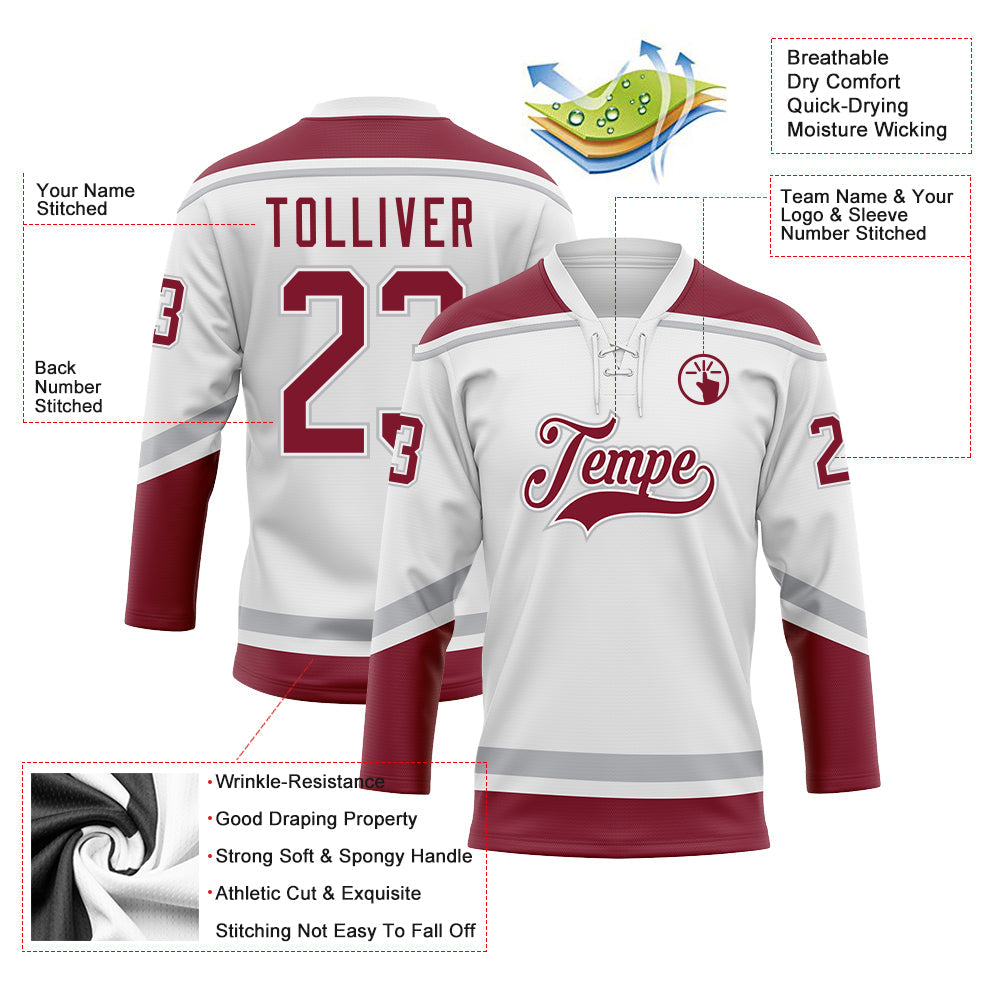 Custom White Crimson-Gray Hockey Lace Neck Jersey - Sky-Custom