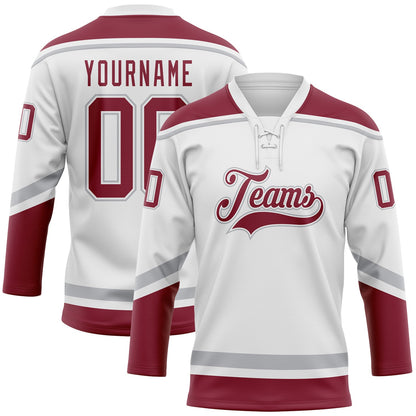 Custom White Crimson-Gray Hockey Lace Neck Jersey - Sky-Custom