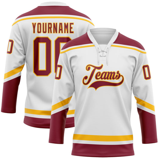 Custom White Crimson-Gold Hockey Lace Neck Jersey - Sky-Custom