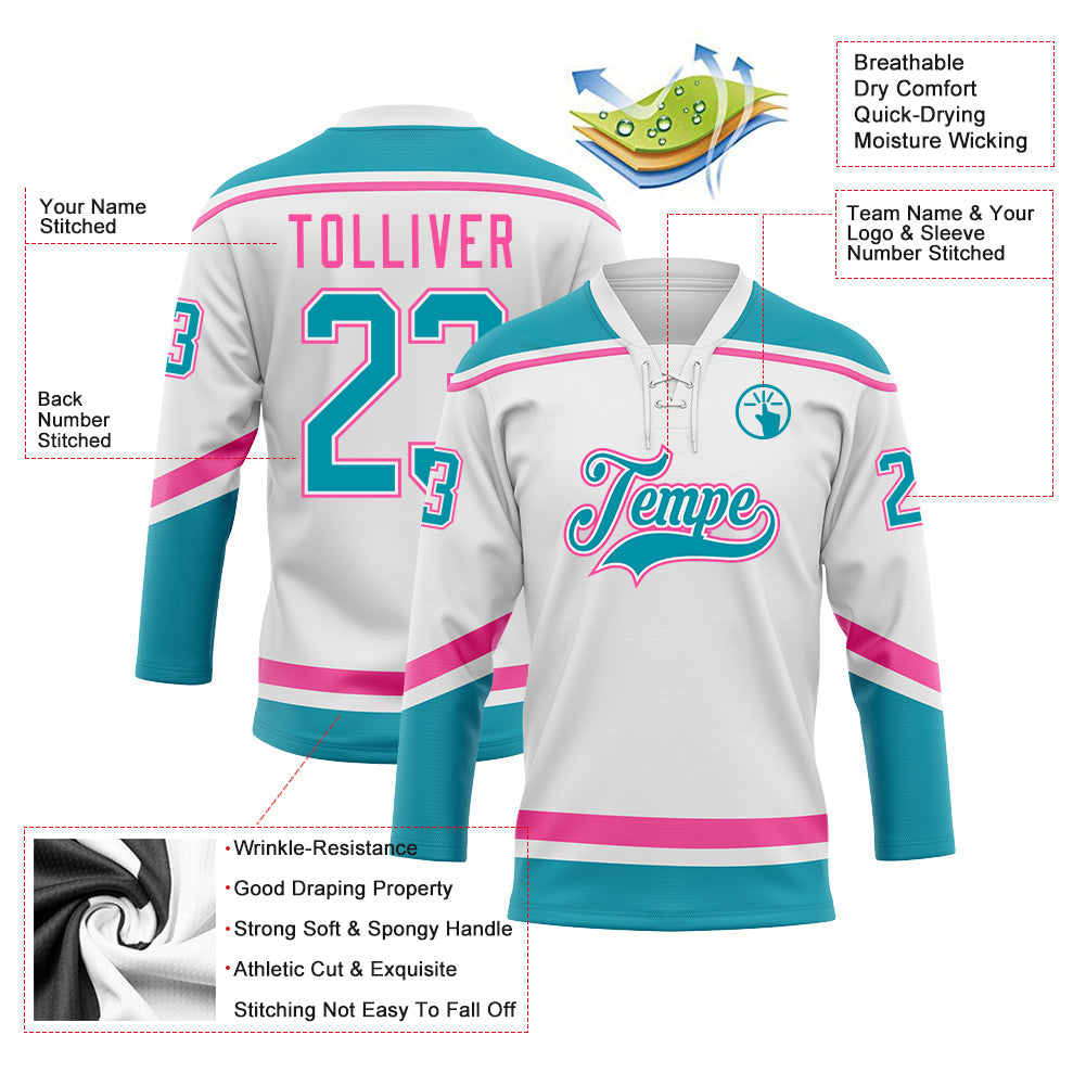 Custom White Teal-Pink Hockey Lace Neck Jersey - Sky-Custom