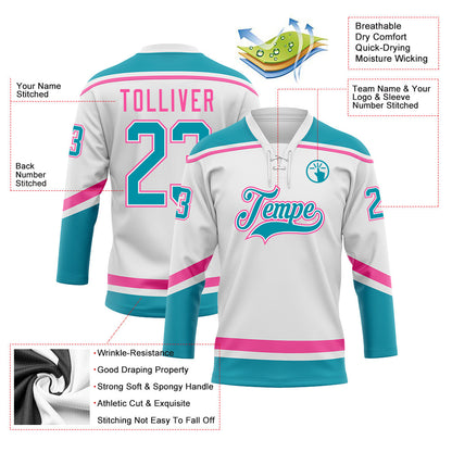 Custom White Teal-Pink Hockey Lace Neck Jersey - Sky-Custom