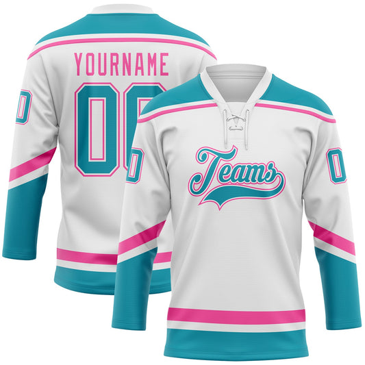 Custom White Teal-Pink Hockey Lace Neck Jersey - Sky-Custom