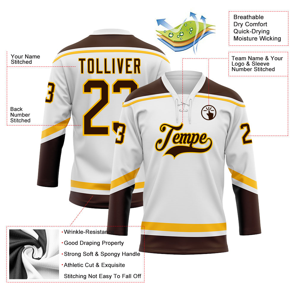 Custom White Brown-Gold Hockey Lace Neck Jersey - Sky-Custom