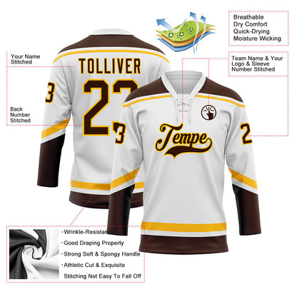 Custom White Brown-Gold Hockey Lace Neck Jersey - Sky-Custom