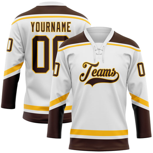 Custom White Brown-Gold Hockey Lace Neck Jersey - Sky-Custom