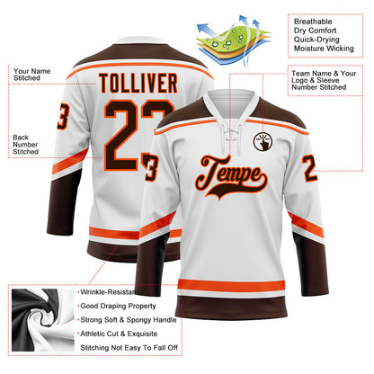Custom White Brown-Orange Hockey Lace Neck Jersey - Sky-Custom