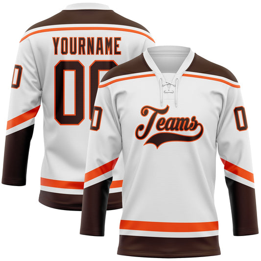 Custom White Brown-Orange Hockey Lace Neck Jersey - Sky-Custom
