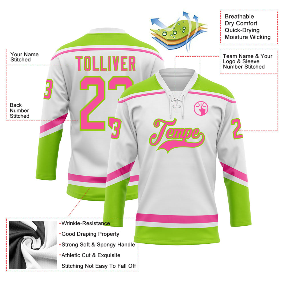 Custom White Pink-Neon Green Hockey Lace Neck Jersey - Sky-Custom