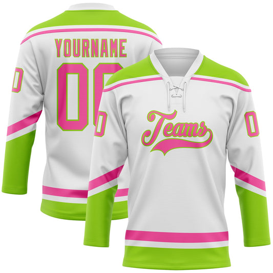 Custom White Pink-Neon Green Hockey Lace Neck Jersey - Sky-Custom