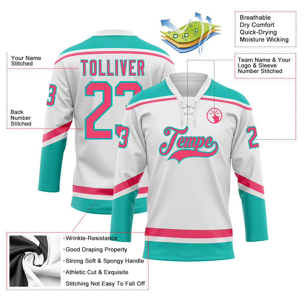 Custom White Neon Pink-Aqua Hockey Lace Neck Jersey - Sky-Custom