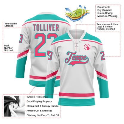 Custom White Neon Pink-Aqua Hockey Lace Neck Jersey - Sky-Custom