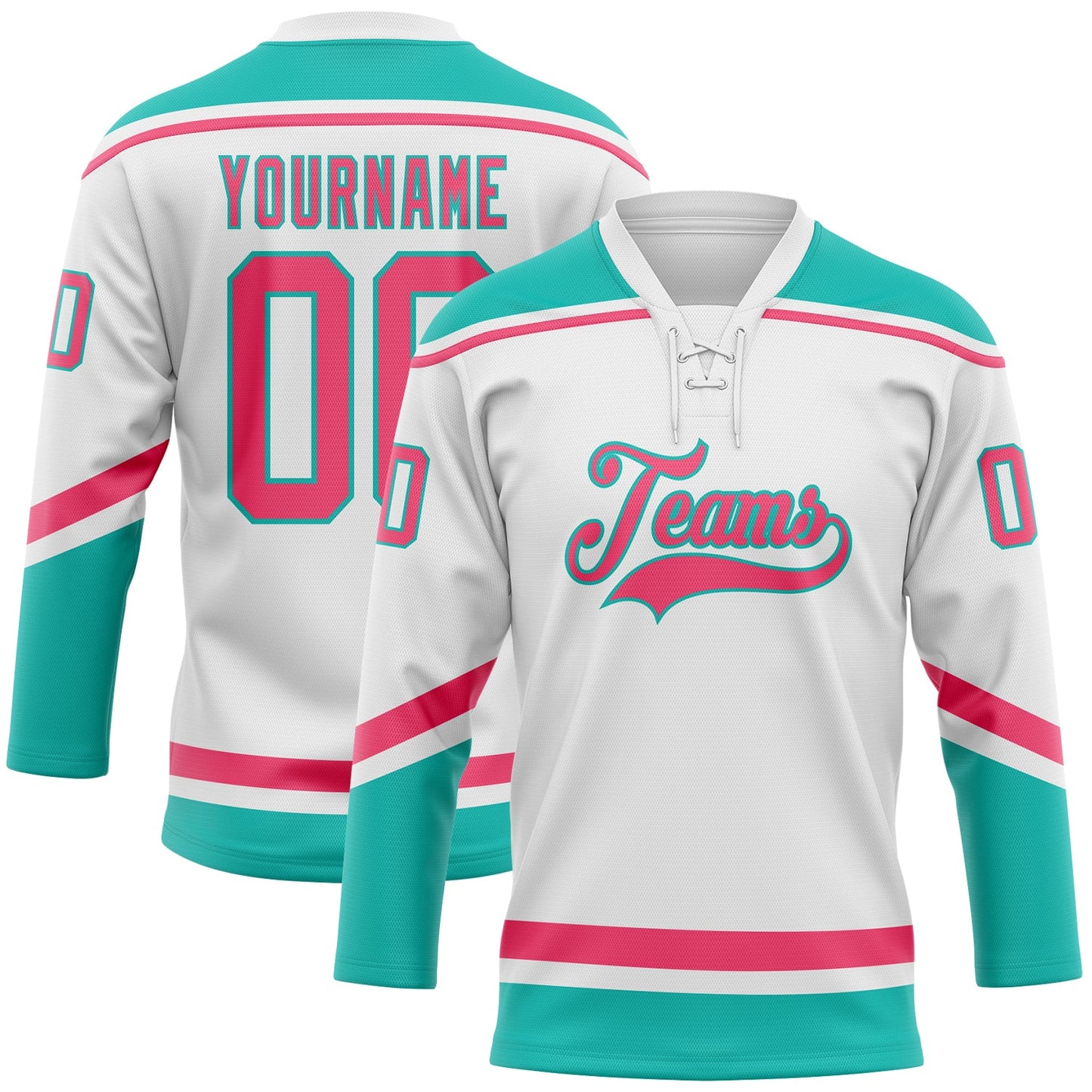 Custom White Neon Pink-Aqua Hockey Lace Neck Jersey - Sky-Custom