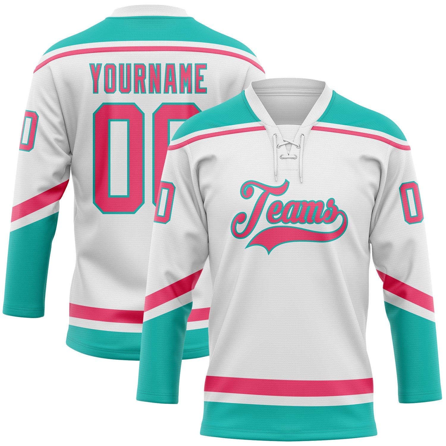 Custom White Neon Pink-Aqua Hockey Lace Neck Jersey - Sky-Custom