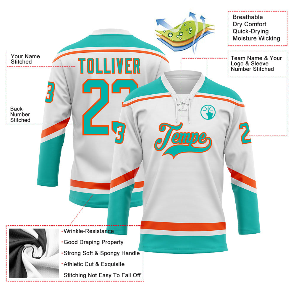 Custom White Aqua-Orange Hockey Lace Neck Jersey - Sky-Custom
