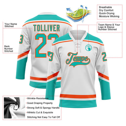 Custom White Aqua-Orange Hockey Lace Neck Jersey - Sky-Custom