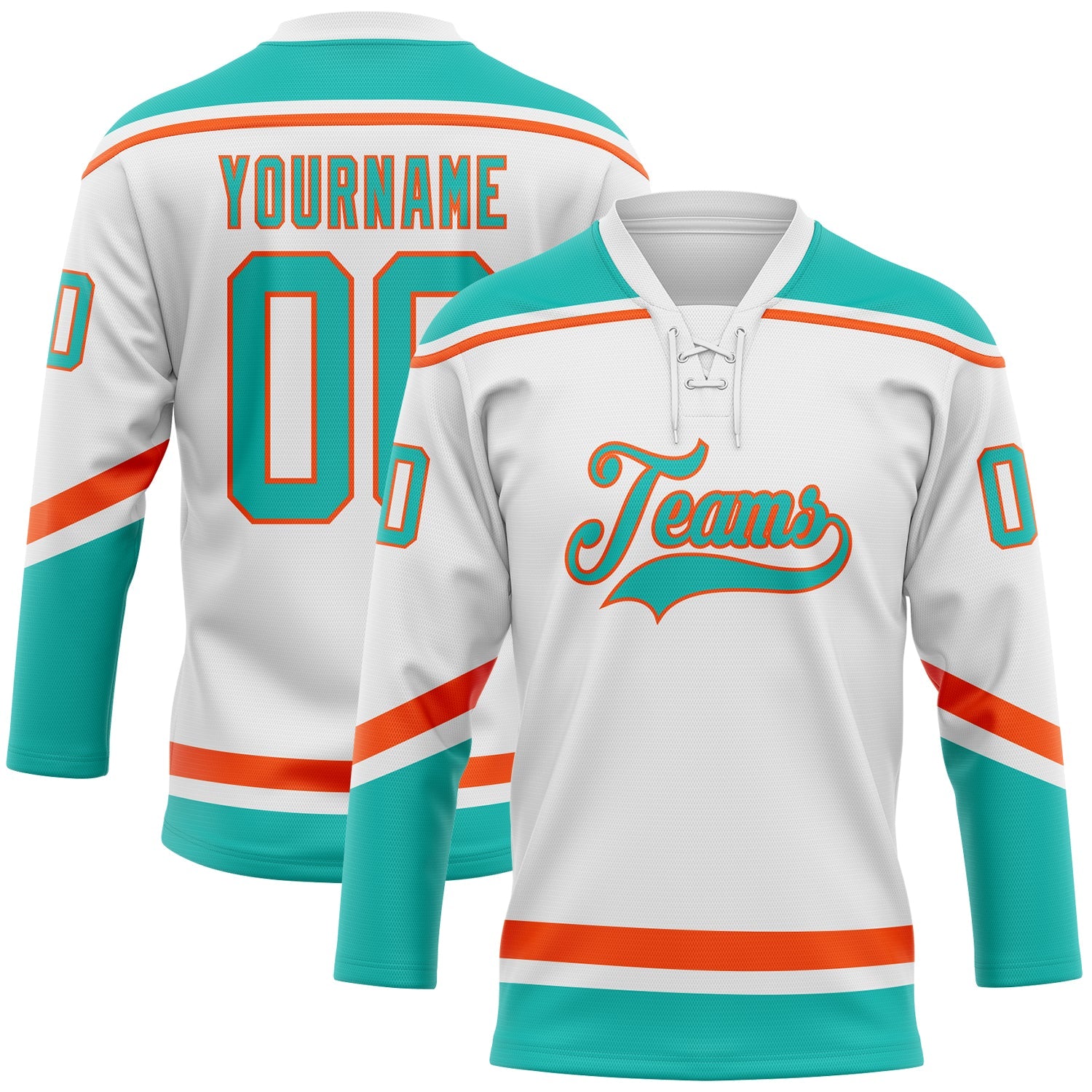 Custom White Aqua-Orange Hockey Lace Neck Jersey - Sky-Custom